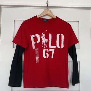 Polo boys medium red shirt with black long sleeves.